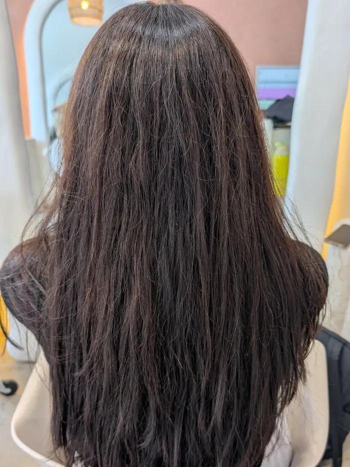 Long hair with natural wave and frizz before any nanoplasty treatment