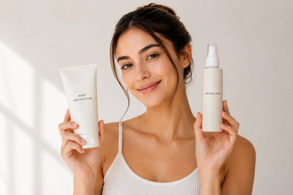 Professional heat protection hair products displayed on a vanity